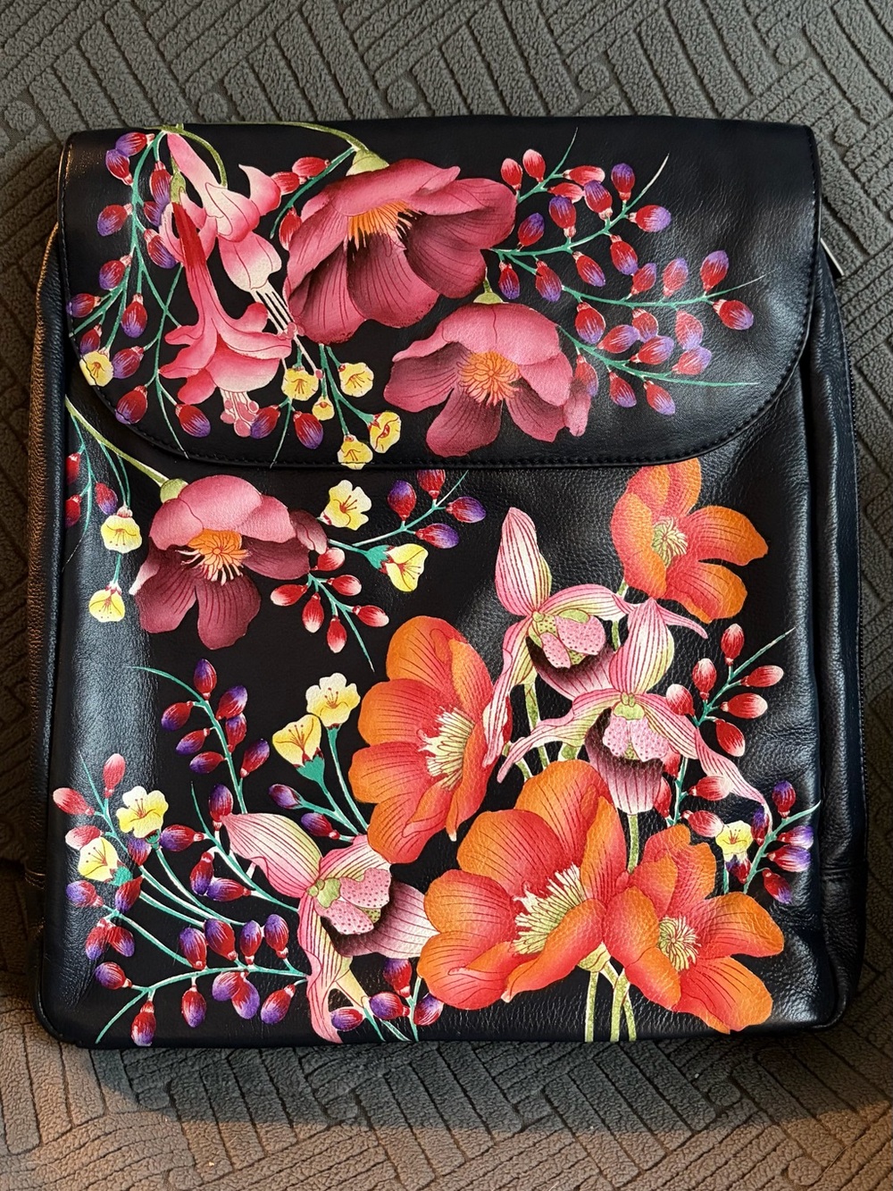 NWT Anuschka Deep Indigo Leather Backpack with Pink, Orange and Red Floral Art